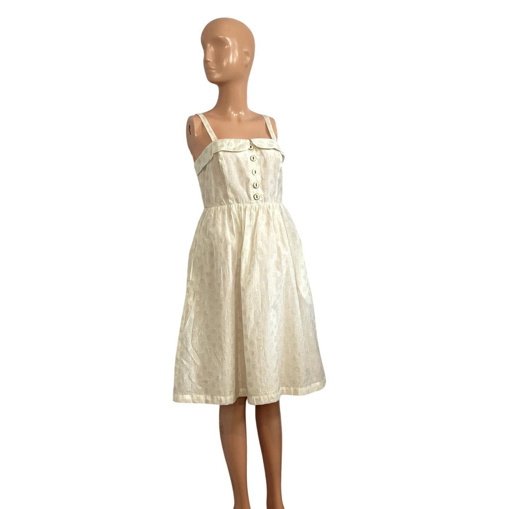 Free People Metallic Polka Dot Dress S Smocked Button Down Knee Length Cottage