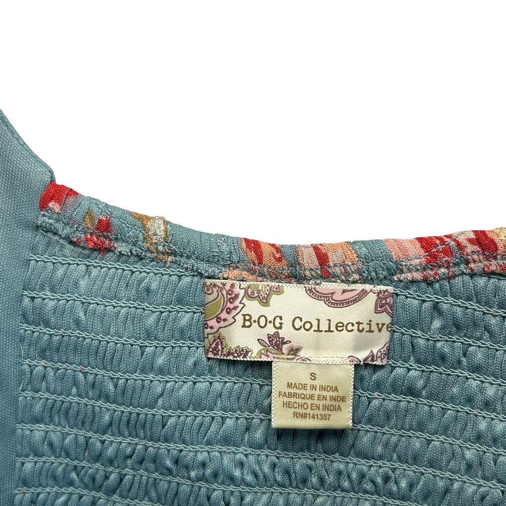B.O.G Collective Blue Floral S Crop Top Smocked Boho Festival Streetwear Indie