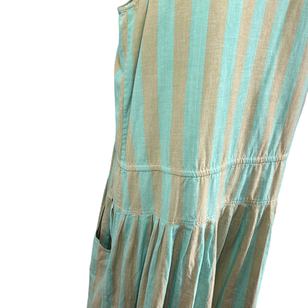 Phool Blue Tan Striped Buttons Pleated Cotton M Midi Dress Coastal Prairie Boho