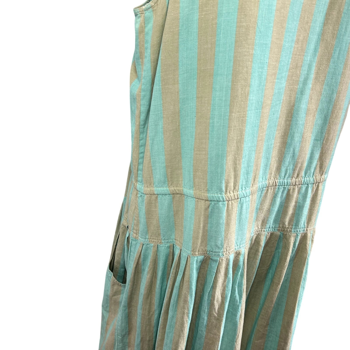 Phool Blue Tan Striped Buttons Pleated Cotton M Midi Dress Coastal Prairie Boho