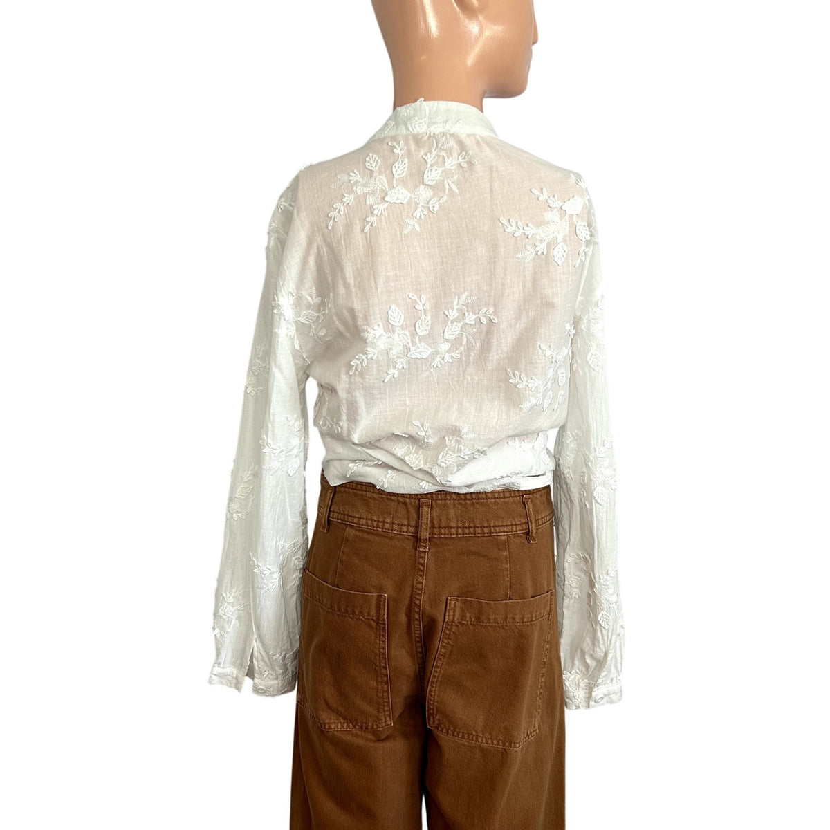 White Floral Applique Mandarin Collar Button Down Shirt L Cottagecore Boho