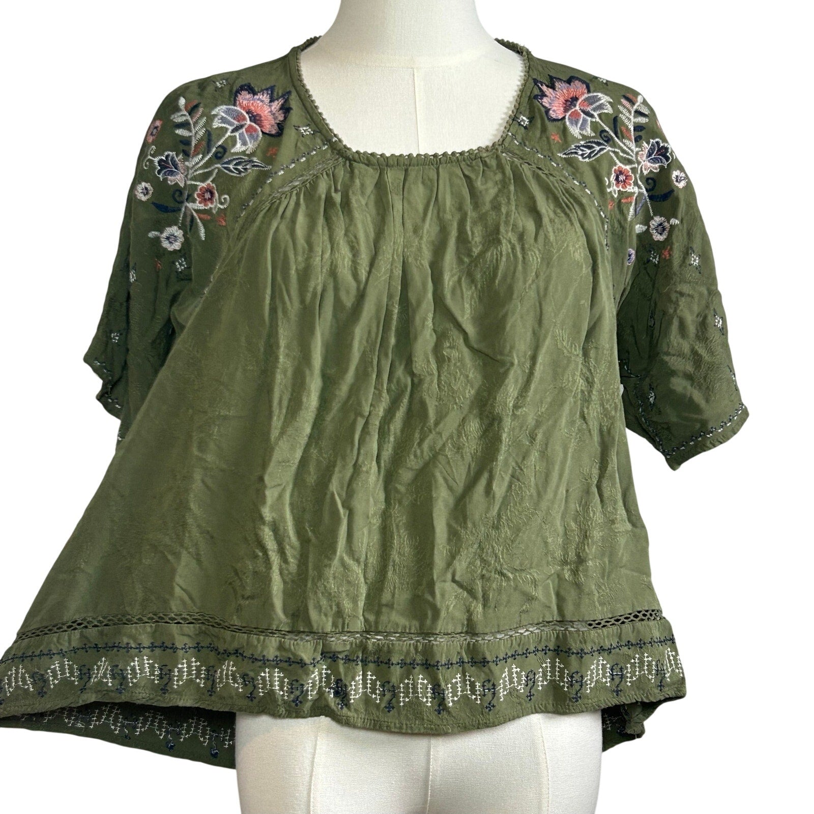 Knox Rose Blouse Small Green Rayon Embroidered Boho Peasant Indie Retro Cottage
