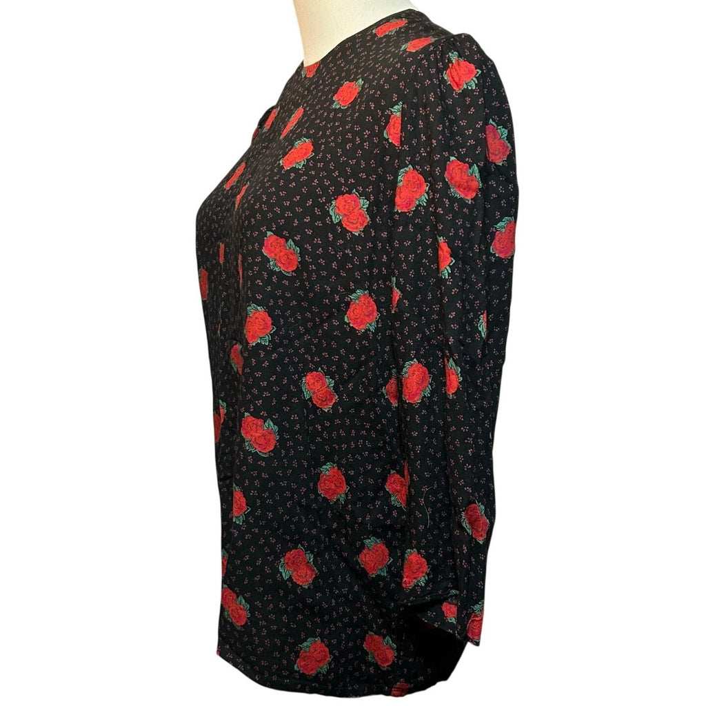 VTG Ms Interpret Black Red Rose Polka Dot Rayon Blouse 12 Whimsygoth Grunge Goth