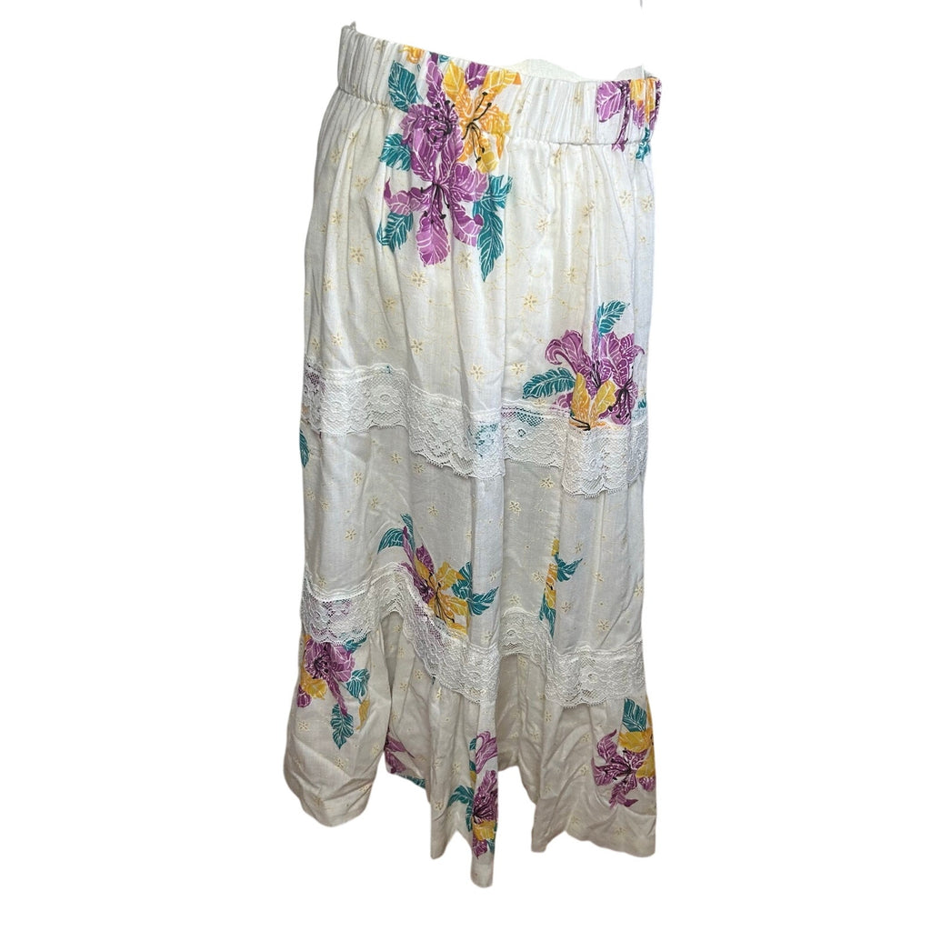 VTG 80s White Floral Broomstick Skirt M L Hawaiian Boho Cottage Fairy Retro