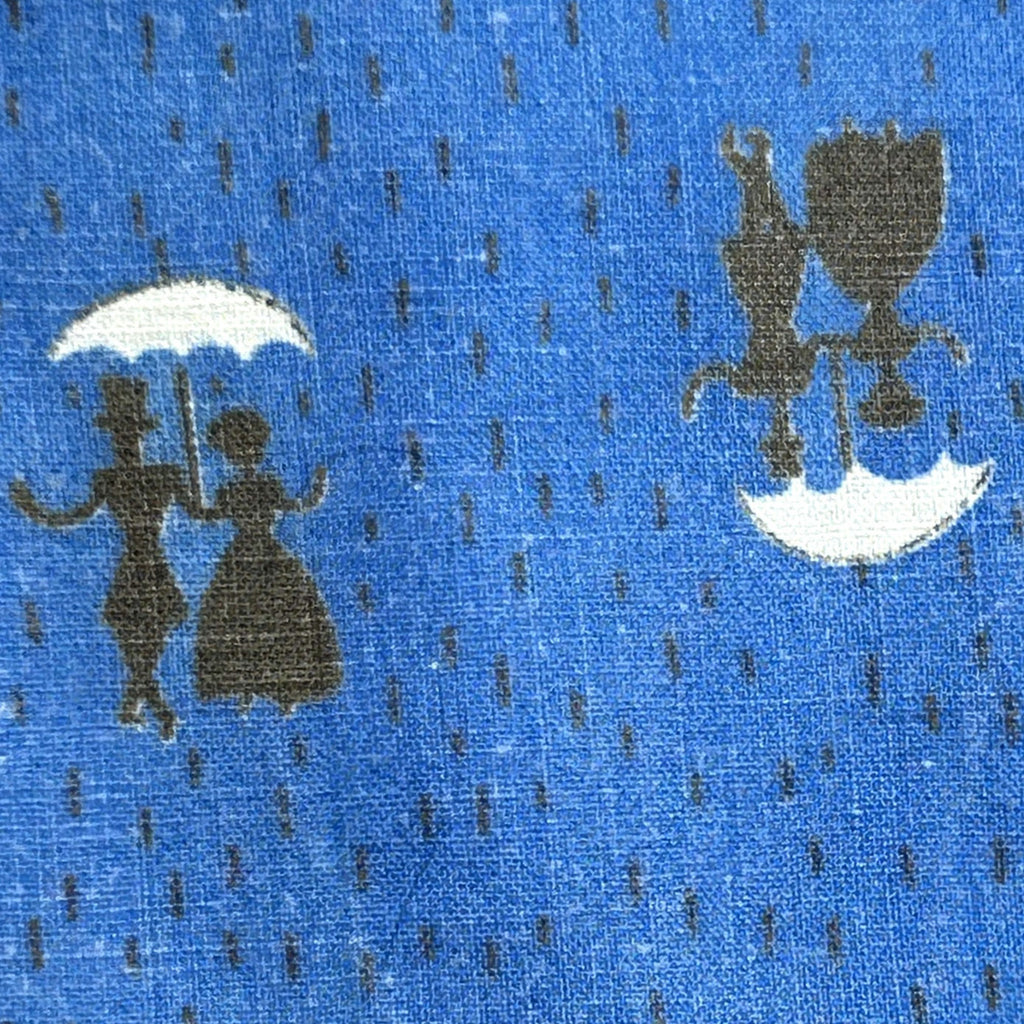 VTG 50s Blue Umbrella Print Apron Scalloped Rick Rack Trim Cottage Grandma Retro