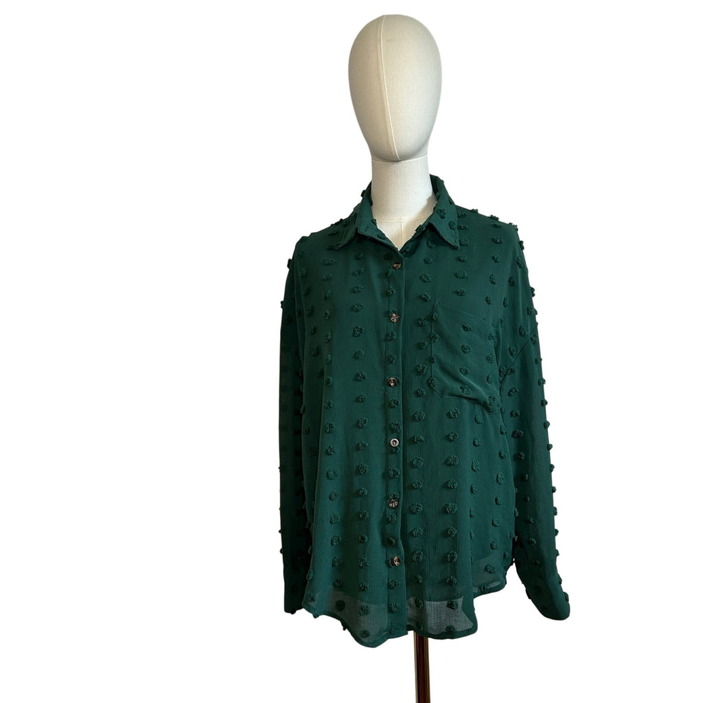 Forest Green Swiss Dot Long Sleeve L Casual Clip Dot Shirt Boho Minimalist Twee