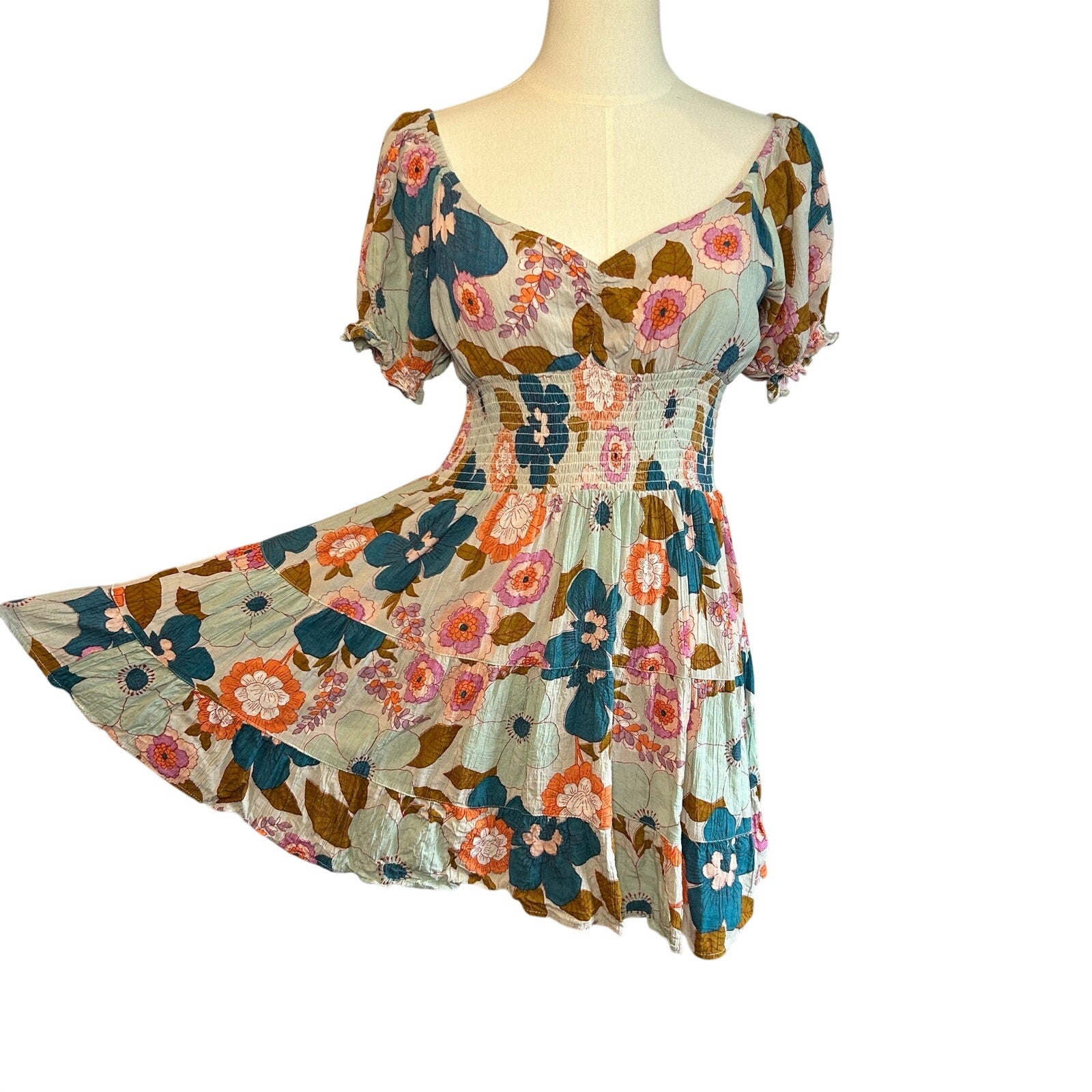 Angie Floral Smocked Boho Mini Dress Medium Cottage Indie Retro Rayon Festival
