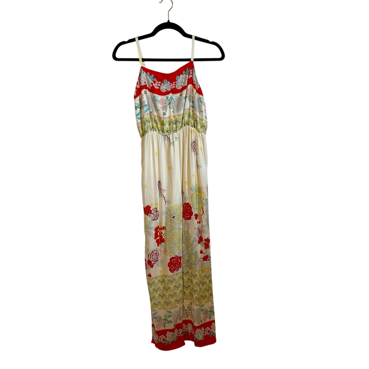Chelsea & Violet Psychedelic Floral Jumpsuit Large Rayon Spaghetti Strap Pockets