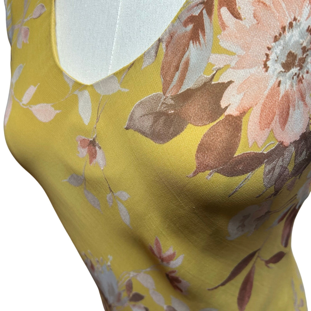 Lily Petite Small Floral Handkerchief Hem 90s Y2K Yellow Rayon Midi Dress P/S