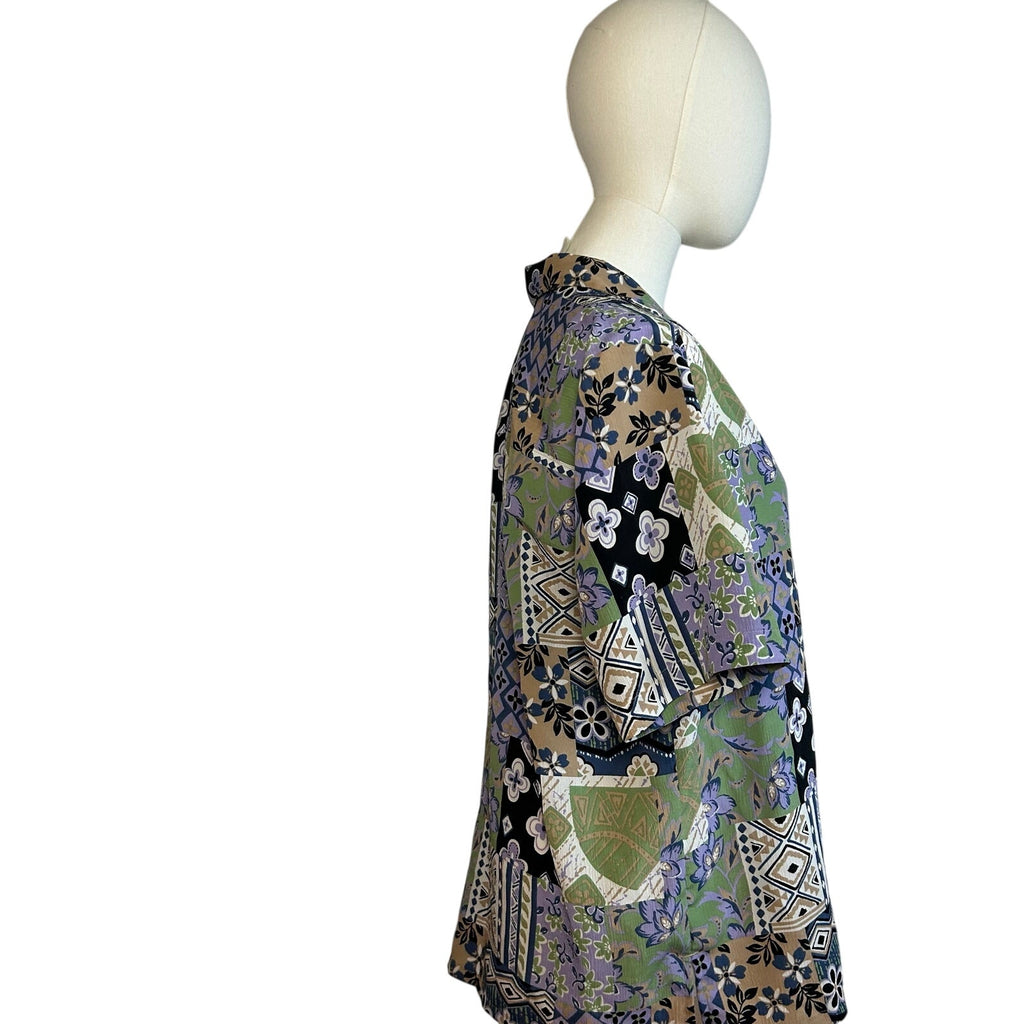 VTG 90s DonnKenny L Purple Green Patchwork Print Top Indie Maximalist Retro Boho