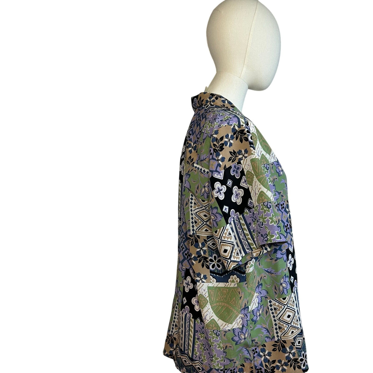 VTG 90s DonnKenny L Purple Green Patchwork Print Top Indie Maximalist Retro Boho