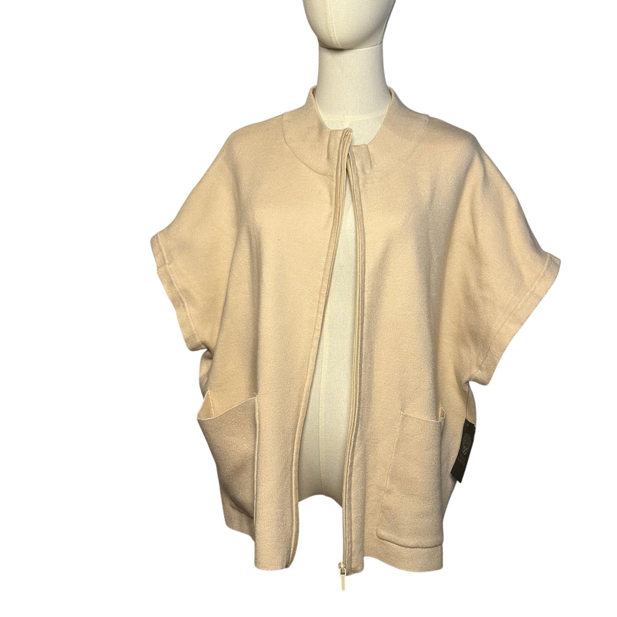 Vince Camuto Cozy Season Mixed Media Cardigan Jacket Quilted Sleeves Stone L NWT
