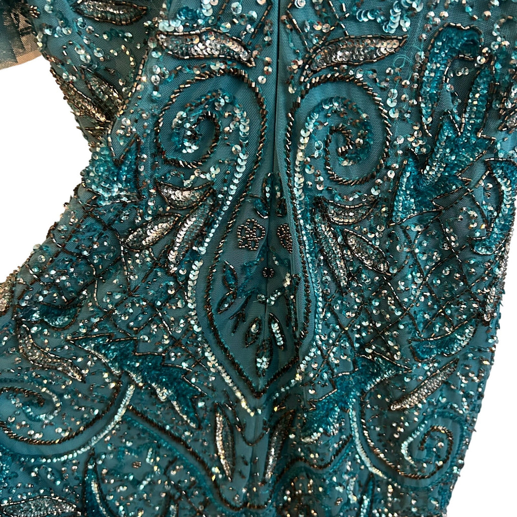 VTG Aidan Mattox Teal Silver Beaded Sequin Cold Shoulder Mini Cocktail Dress 2