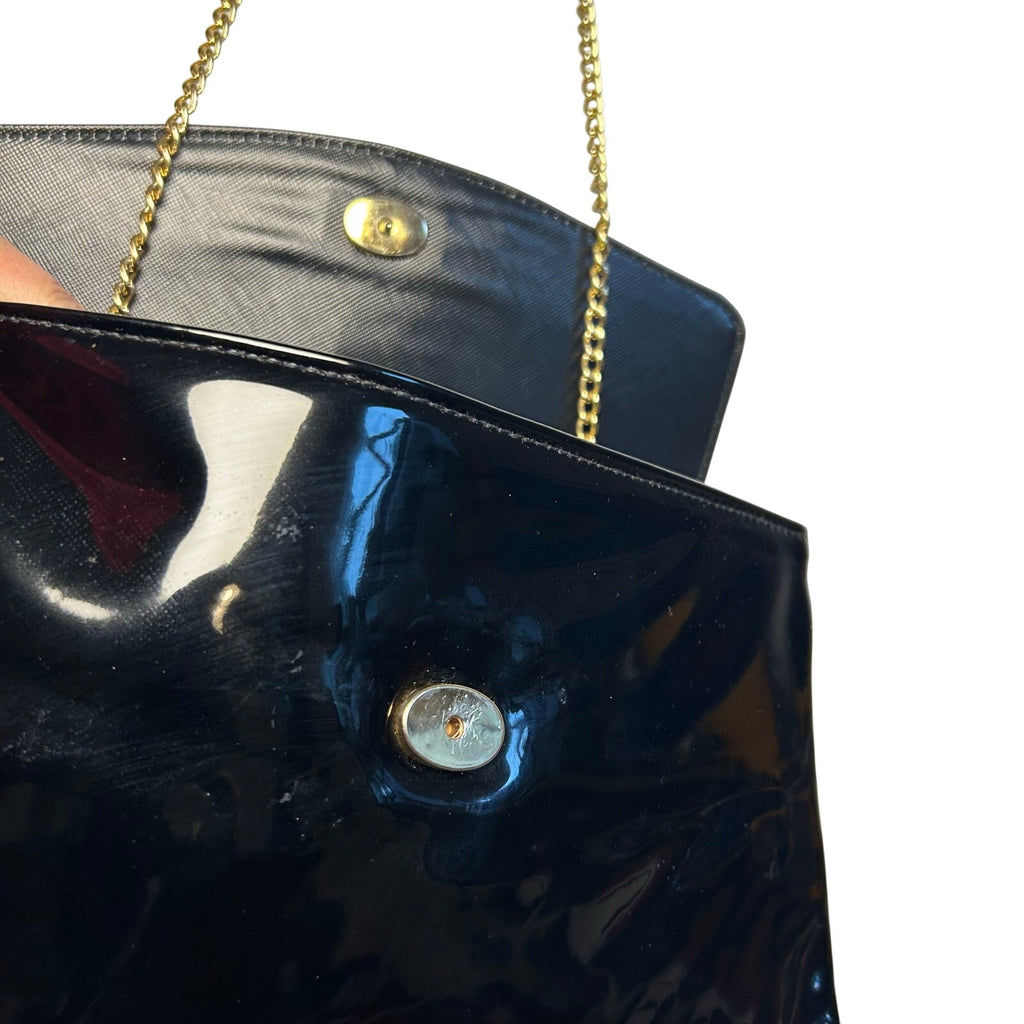 VTG 70s Patent Leather Black Gold Chain Convertible Clutch Shoulder Bag Purse