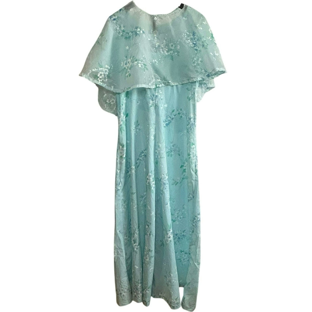 VTG 70s Handmade Blue Floral Ball Gown Capelet Empire Waist Maxi 10 Cottage Glam