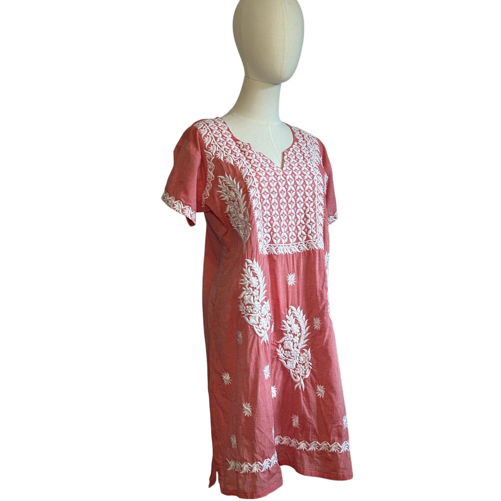 Indian Pink Peach Embroidered Cotton Mini 12 Dress Boho Cottage Fairy Whimsigoth