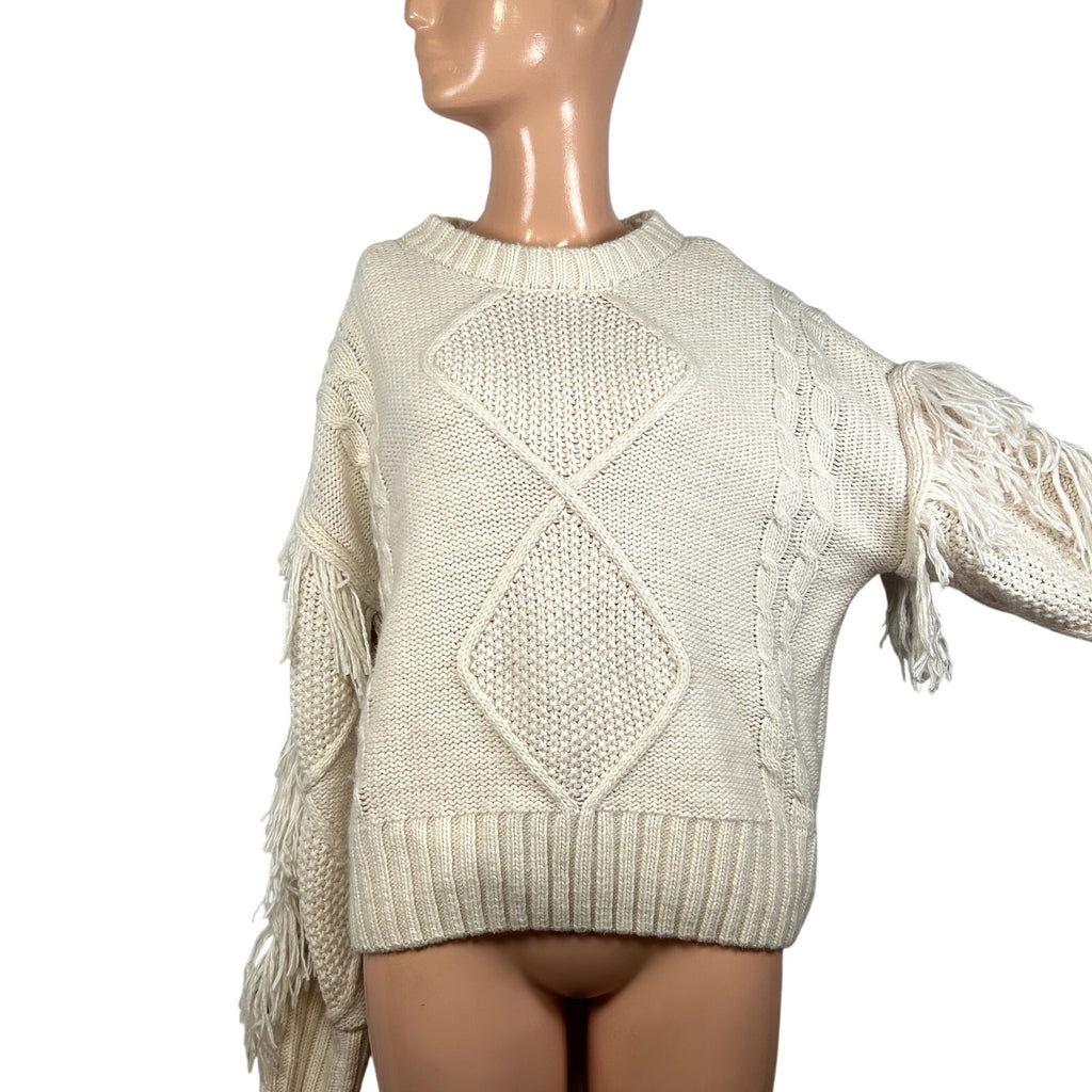 SugarLips M White Knit Fair Isle Fringe Fisherman Sweater Boho Chic Cottage