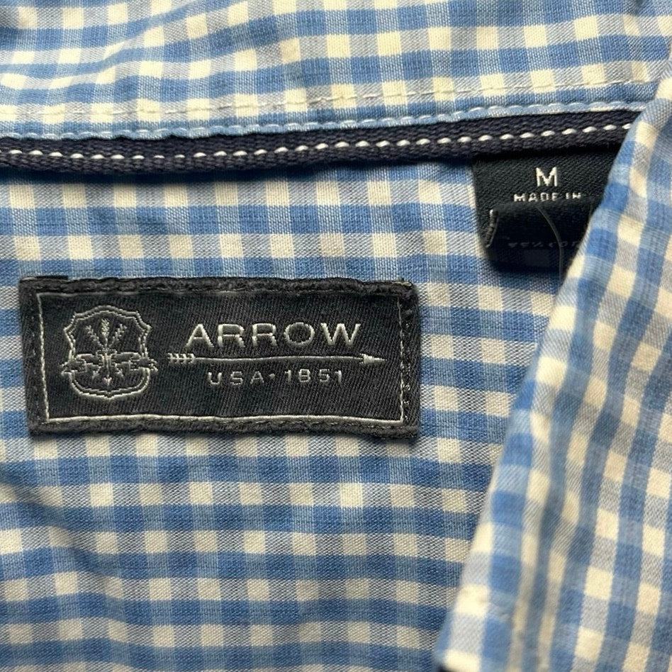 VTG Y2K Arrow Light Blue Gingham Plaid Short Sleeve Button Down Shirt Basics