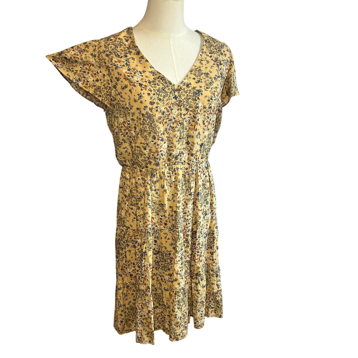 Maurices Yellow Multicolor Rayon Midi Dress Small Cottage Boho Casual Preppy