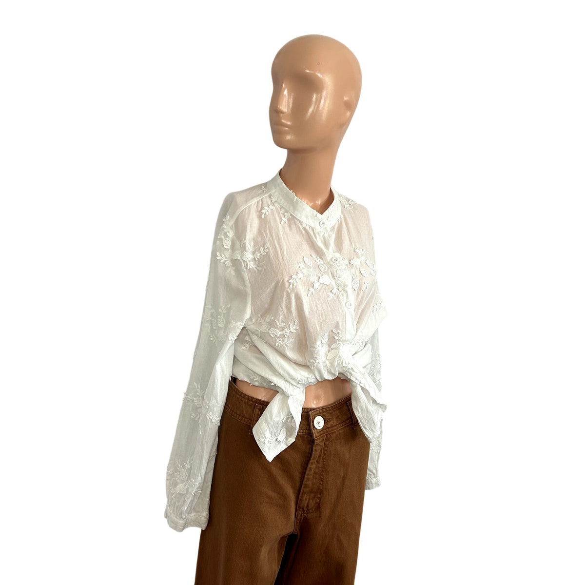 White Floral Applique Mandarin Collar Button Down Shirt L Cottagecore Boho