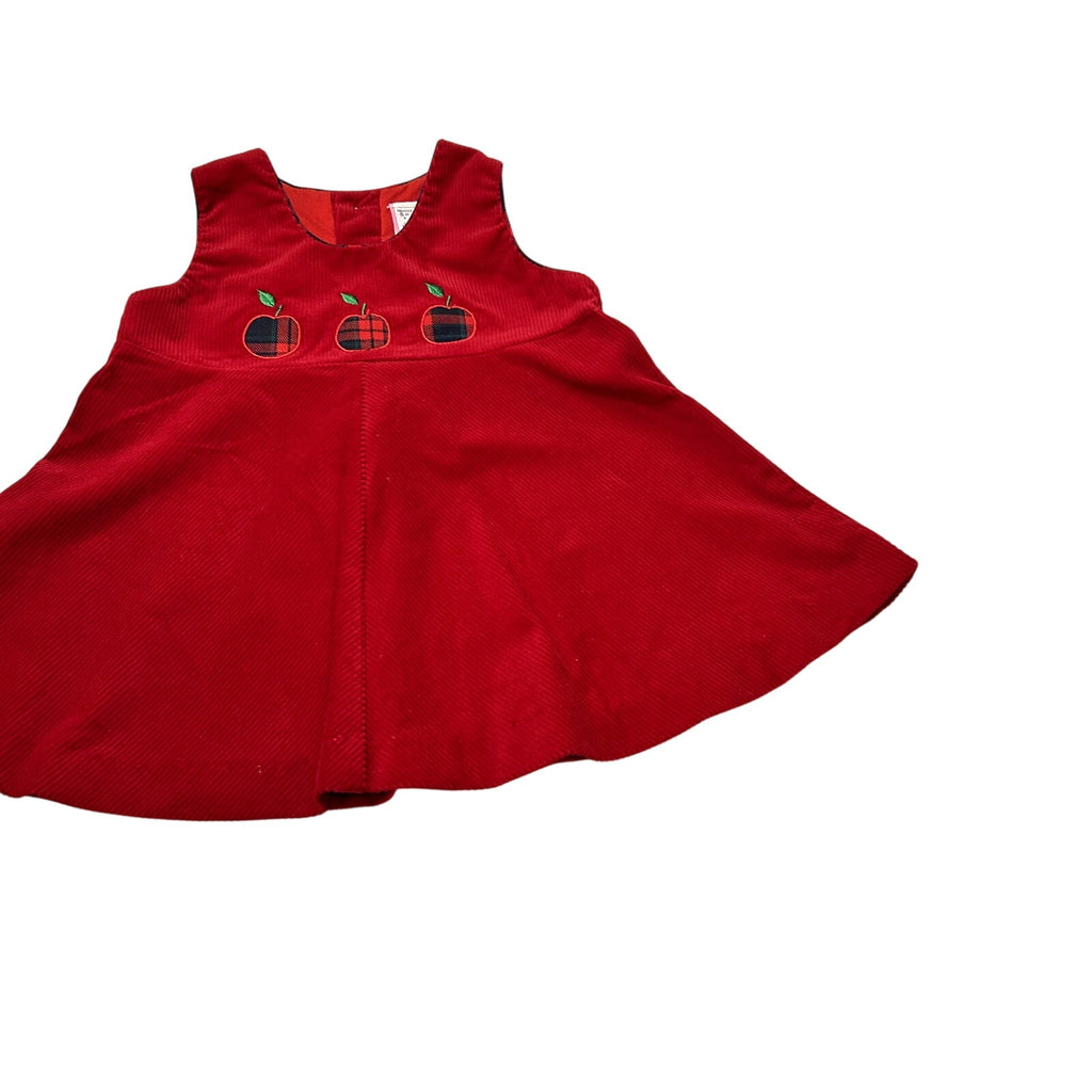 VTG 90s 24M Red Corduroy Embroidered Apple Buffalo Plaid A-Line Pinafore Dress