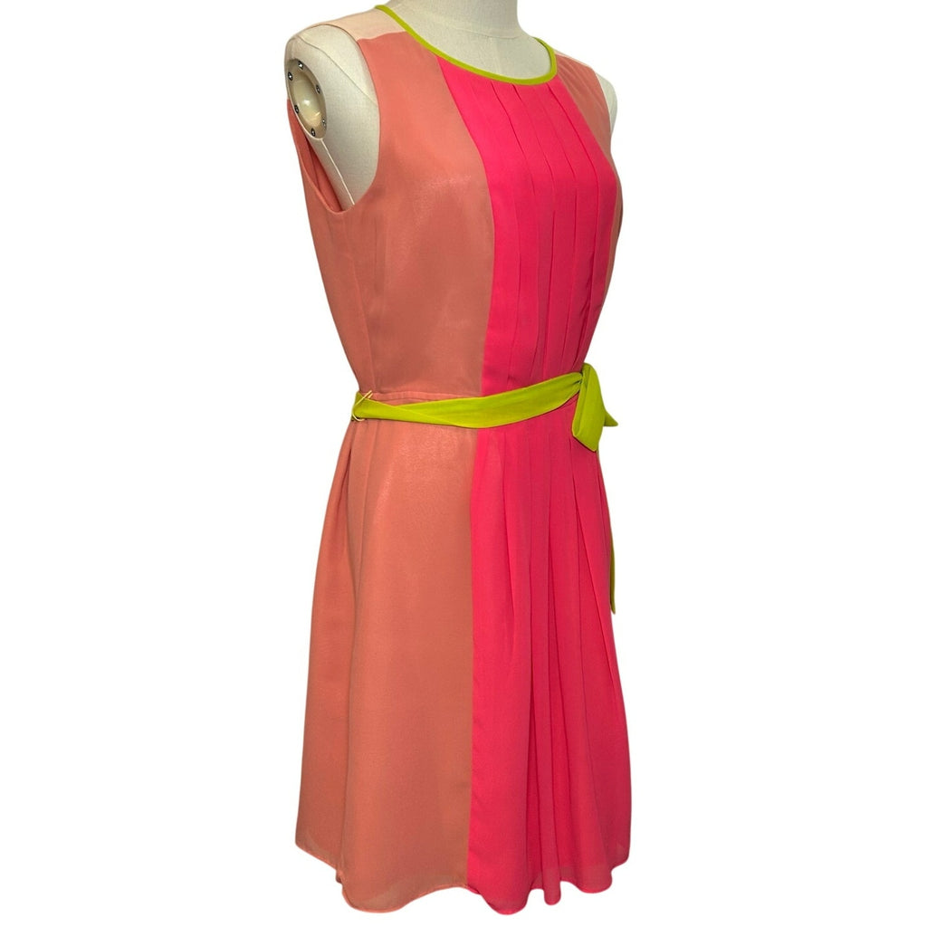 LOFT Colorblock Pleated Midi Dress Pink Coral Neon Green Belt 6 Preppy Retro