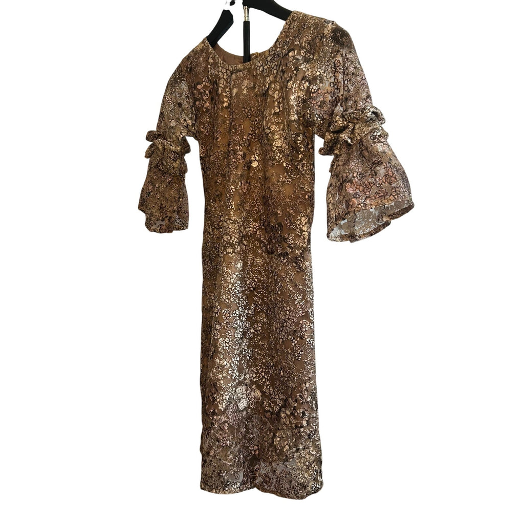 VTG 60s Metallic Floral Lace Dress Bell Sleeve Girls 12 14 or Women XXS Gold