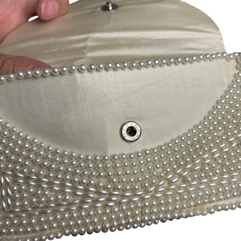 VTG 50s Pearl Beaded Clutch Japan White Evening Bag Glam Coquette Bridal Wedding
