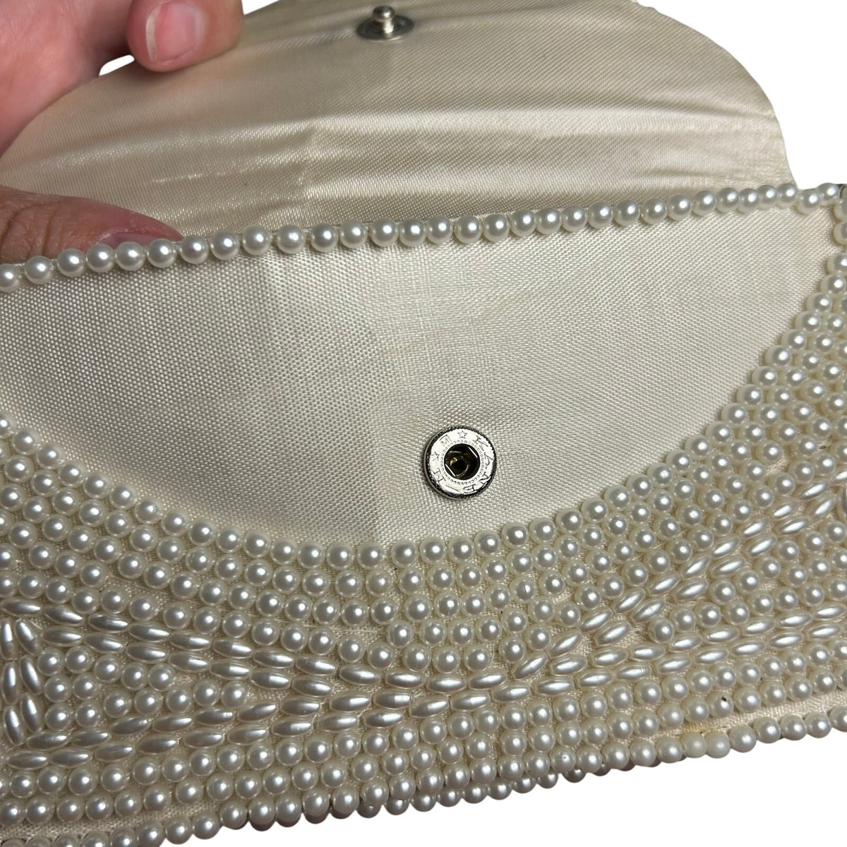VTG 50s Pearl Beaded Clutch Japan White Evening Bag Glam Coquette Bridal Wedding
