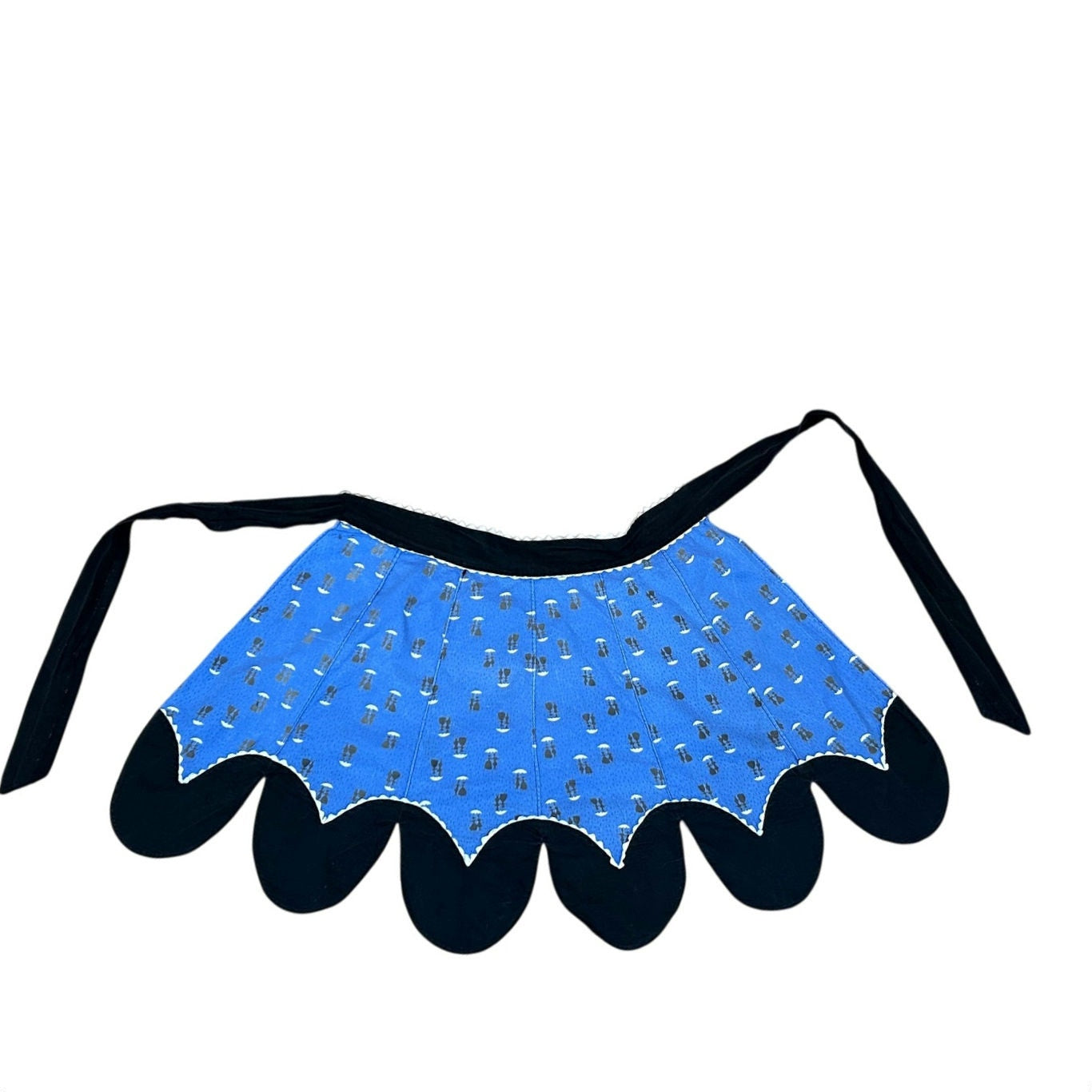 VTG 50s Blue Umbrella Print Apron Scalloped Rick Rack Trim Cottage Grandma Retro