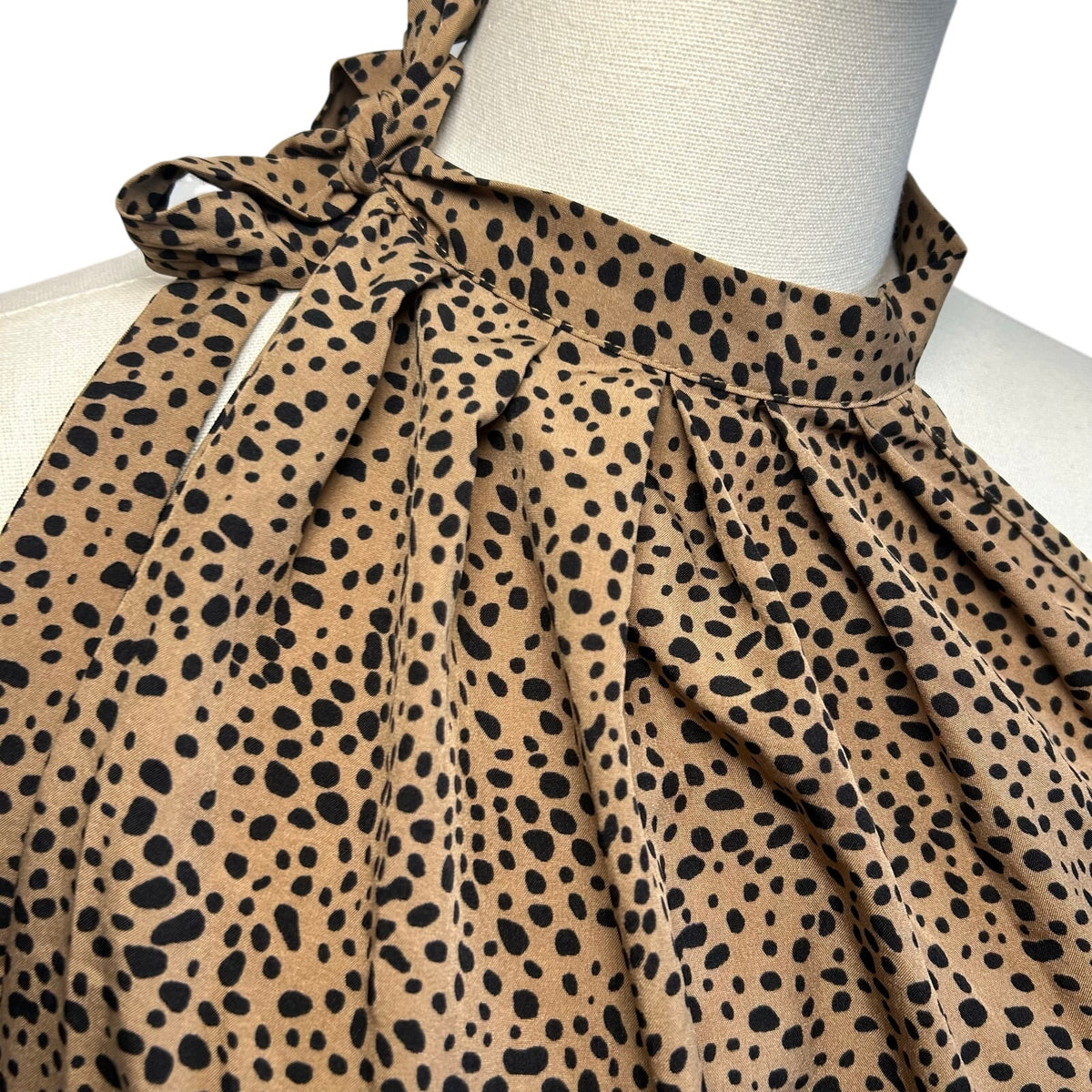 Brown Leopard Print S Top Pussy Bow Halter Neckline Y2K Boho Preppy Office Siren