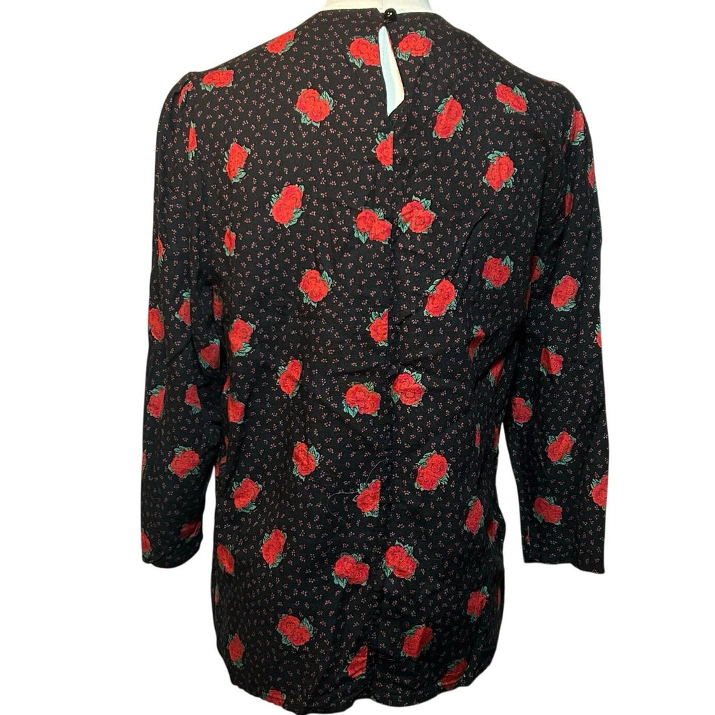 VTG Ms Interpret Black Red Rose Polka Dot Rayon Blouse 12 Whimsygoth Grunge Goth