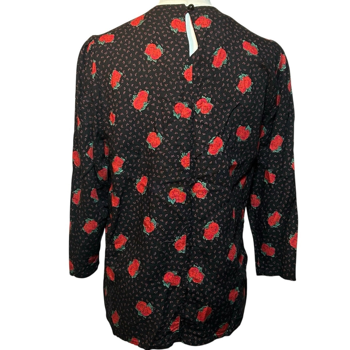 VTG Ms Interpret Black Red Rose Polka Dot Rayon Blouse 12 Whimsygoth Grunge Goth