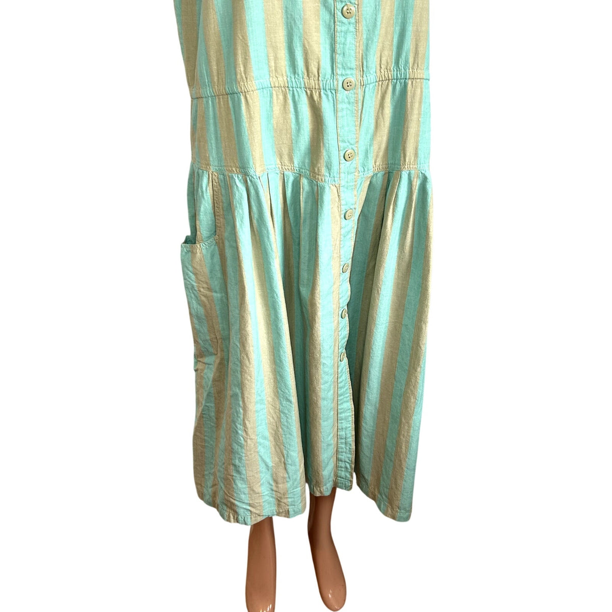 Phool Blue Tan Striped Buttons Pleated Cotton M Midi Dress Coastal Prairie Boho