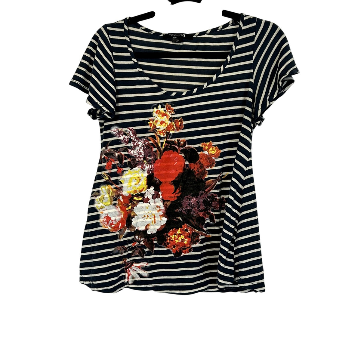 Forever 21 Navy White Striped Floral Graphic Tee Modal Blend Soft Casual Medium