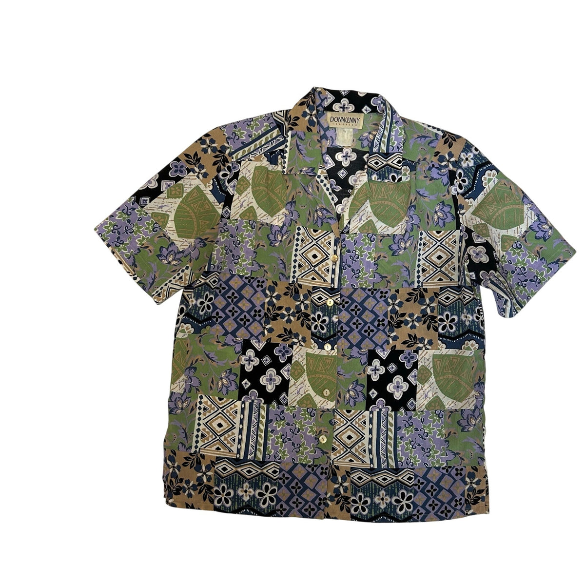 VTG 90s DonnKenny L Purple Green Patchwork Print Top Indie Maximalist Retro Boho