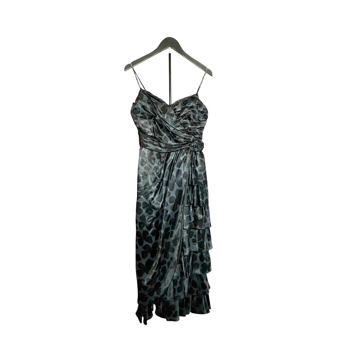 VTG 80s Black Floral Jacquard Prom Gown 2 Romantic Feminine Goth Glam Coquette