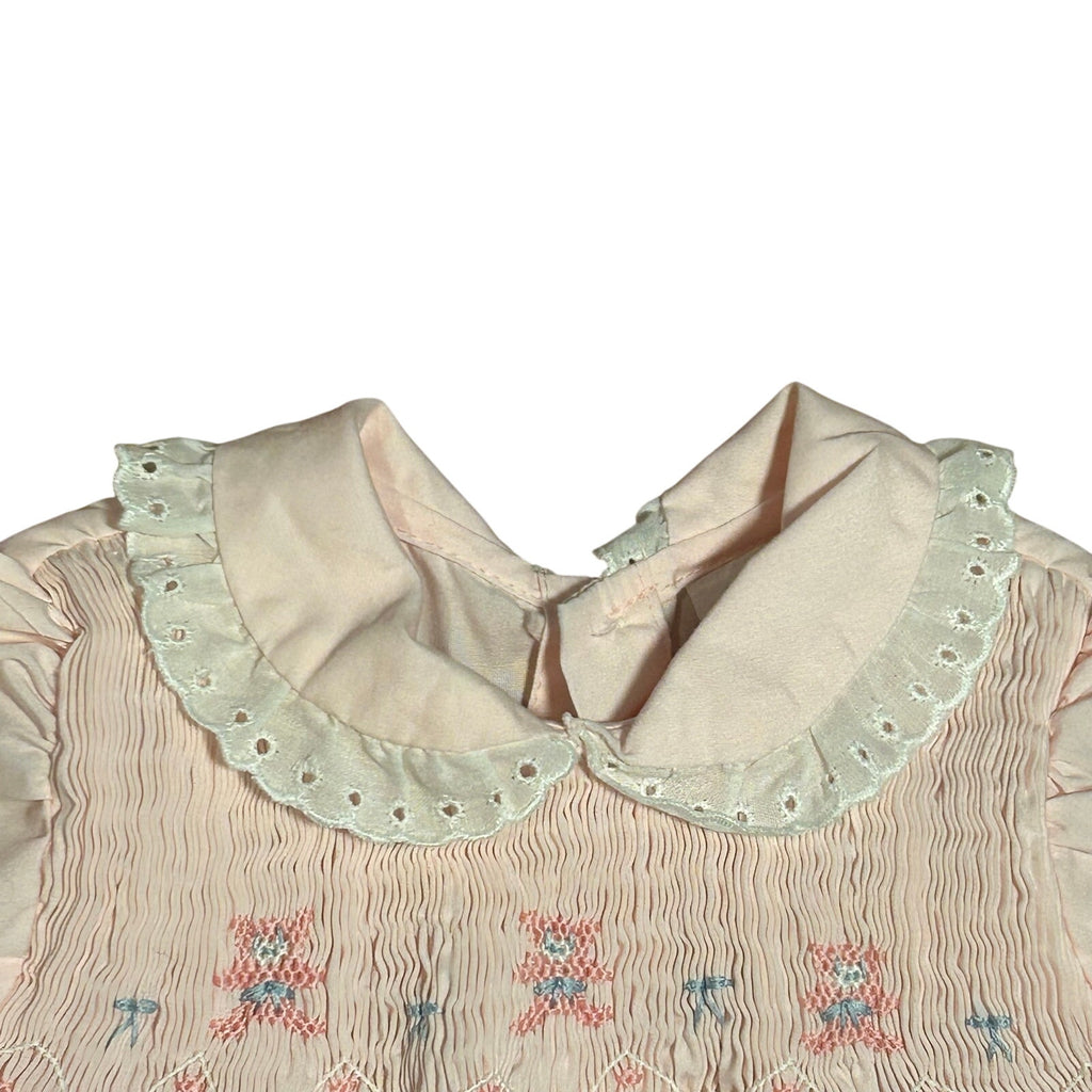 VTG 70s Baby Girl Pink Smocked Romper Teddy Bear Puff Sleeve Cottage Coquette