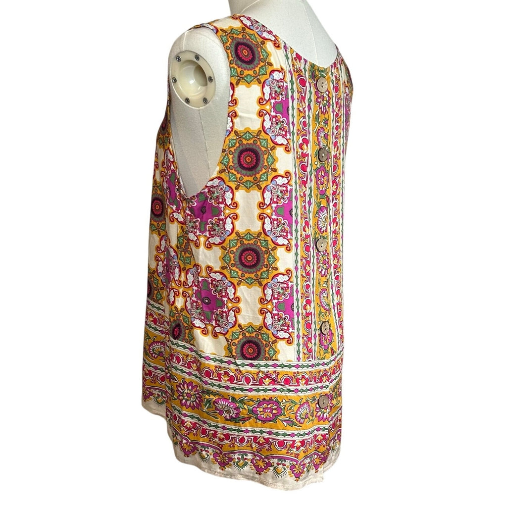 Boho Multicolor Print Rayon Sleeveless Top Large Indie Retro Casual Loungewear