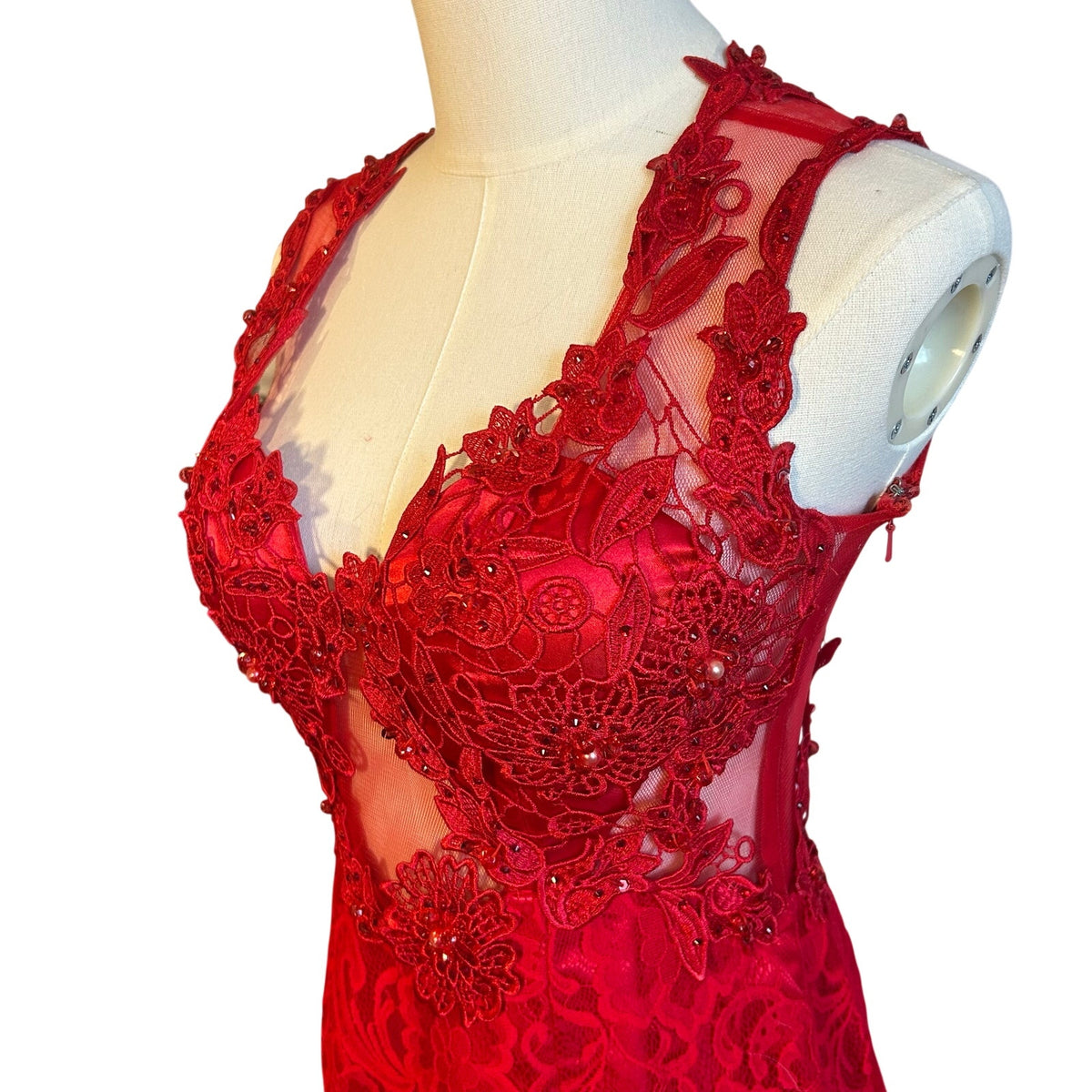 Swing Red Floral Guipure Lace Illusion Gown Size 6 Beaded Prom Gala Dress Wear