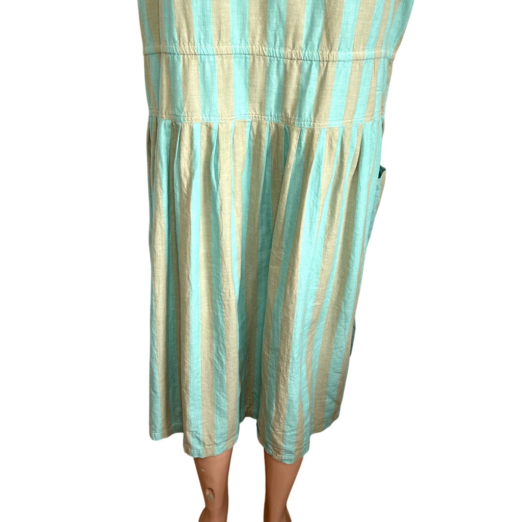 Phool Blue Tan Striped Buttons Pleated Cotton M Midi Dress Coastal Prairie Boho