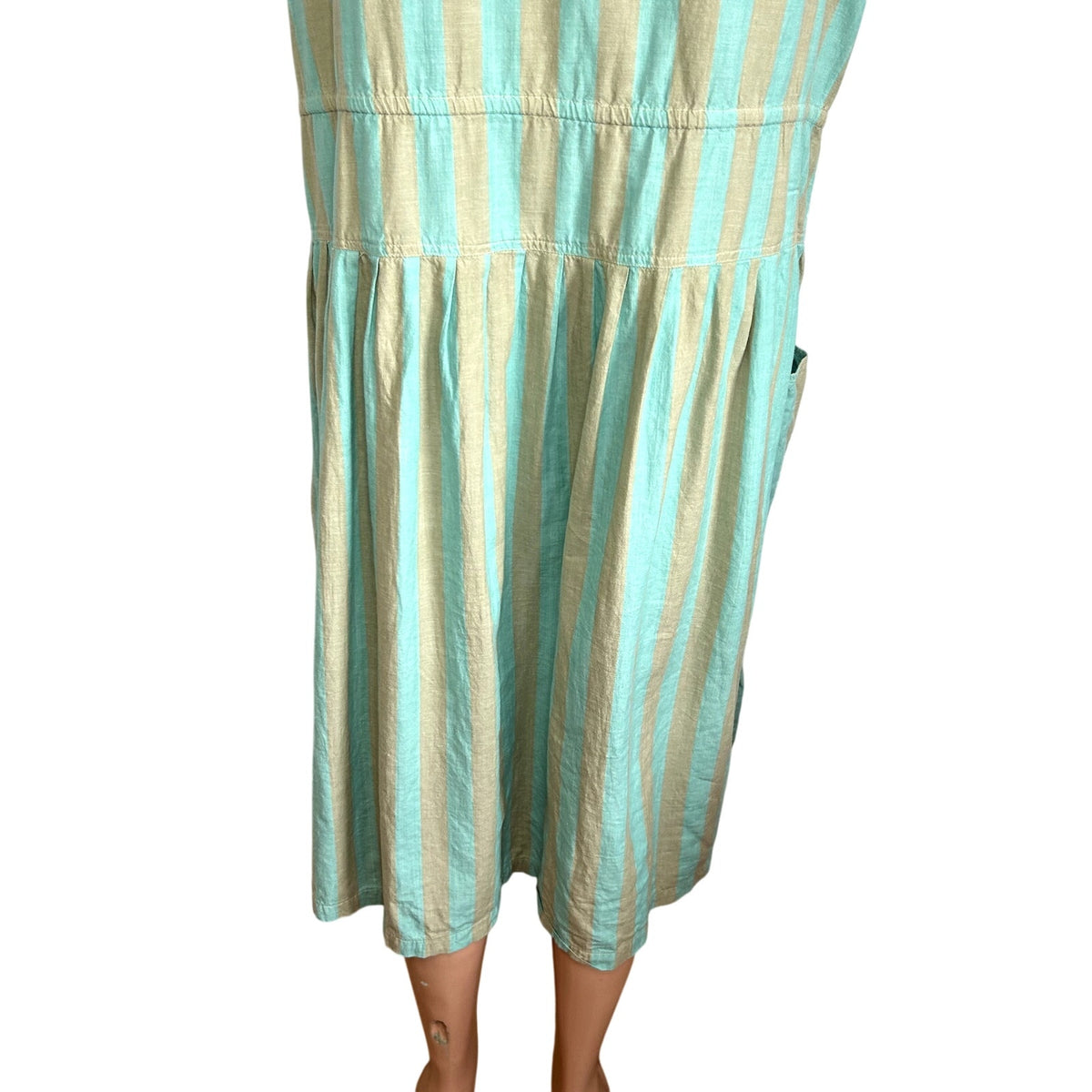 Phool Blue Tan Striped Buttons Pleated Cotton M Midi Dress Coastal Prairie Boho