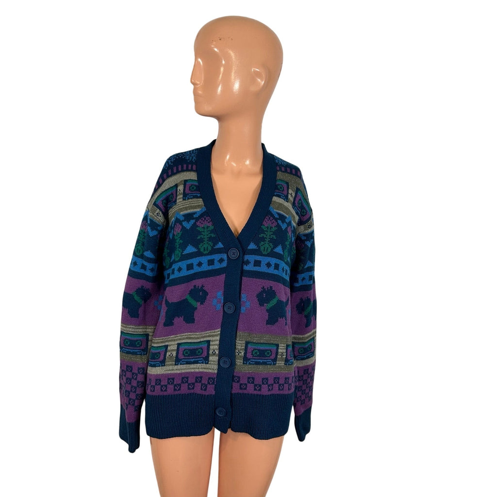 Netflix Stranger Things S Purple Blue Fair Isle Cassette V-Neck Knit Cardigan