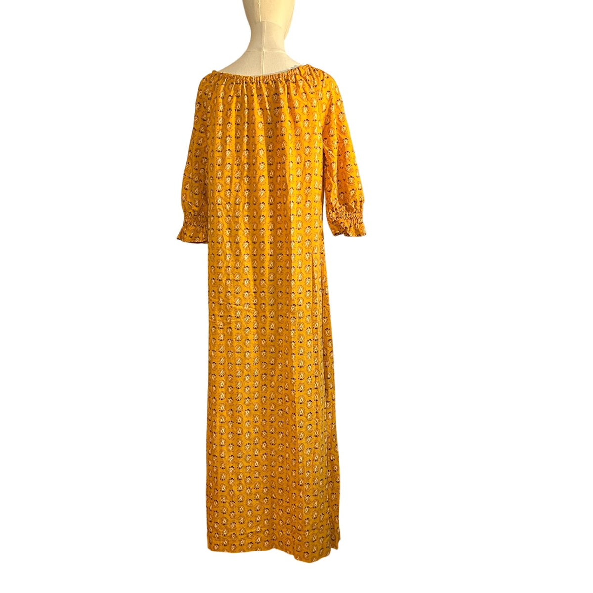 VTG 70s Yellow Maxi Paisley Dress L Cottage Boho Handmade Peasant Prairie Retro