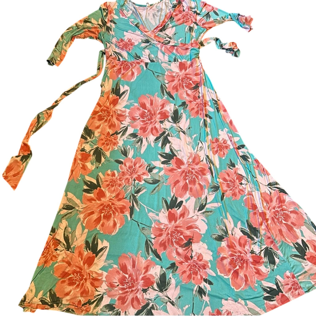 Pink Blue Floral Wrap Maxi Dress Plus Size 3X Stretchy Belted Bow Flowers Easter