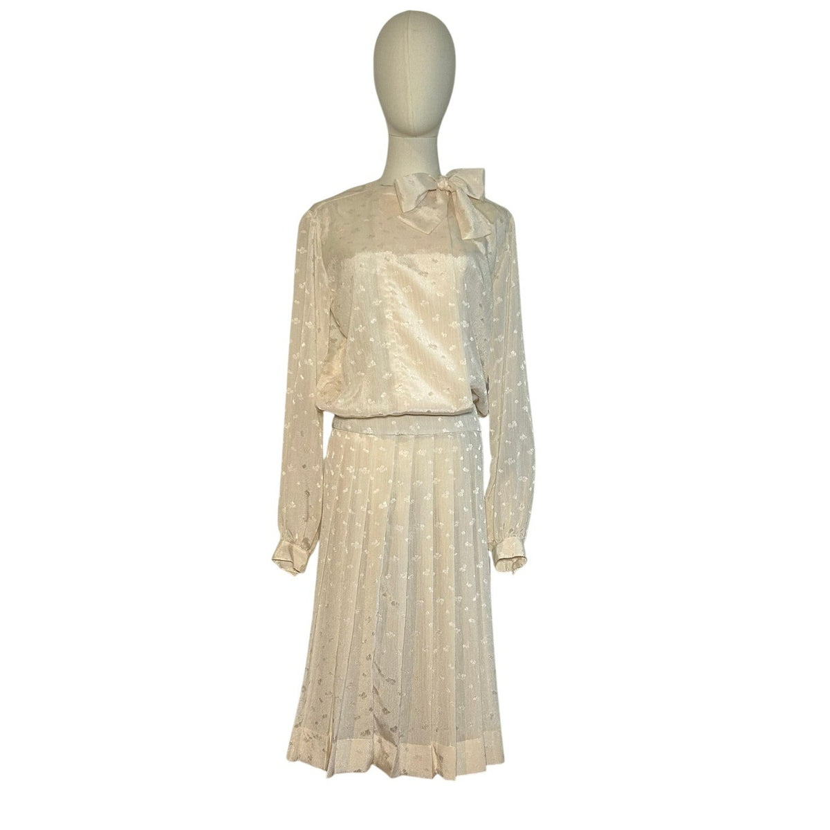 VTG 70s White Pussy Bow Pleated M Midi Dress Retro Twee Preppy Coquette Wedding