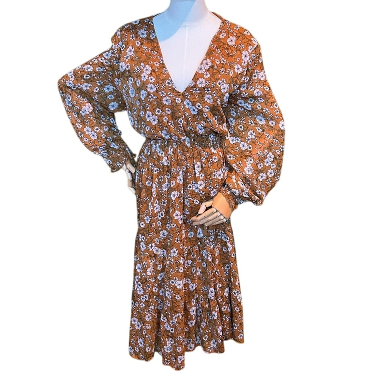 NY Collection Brown Floral Boho Flowy Long Sleeve Dress Plus Size 3X Stretchy