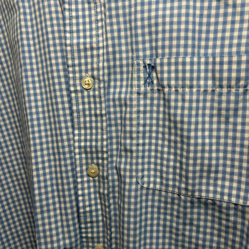 VTG Y2K Arrow Light Blue Gingham Plaid Short Sleeve Button Down Shirt Basics