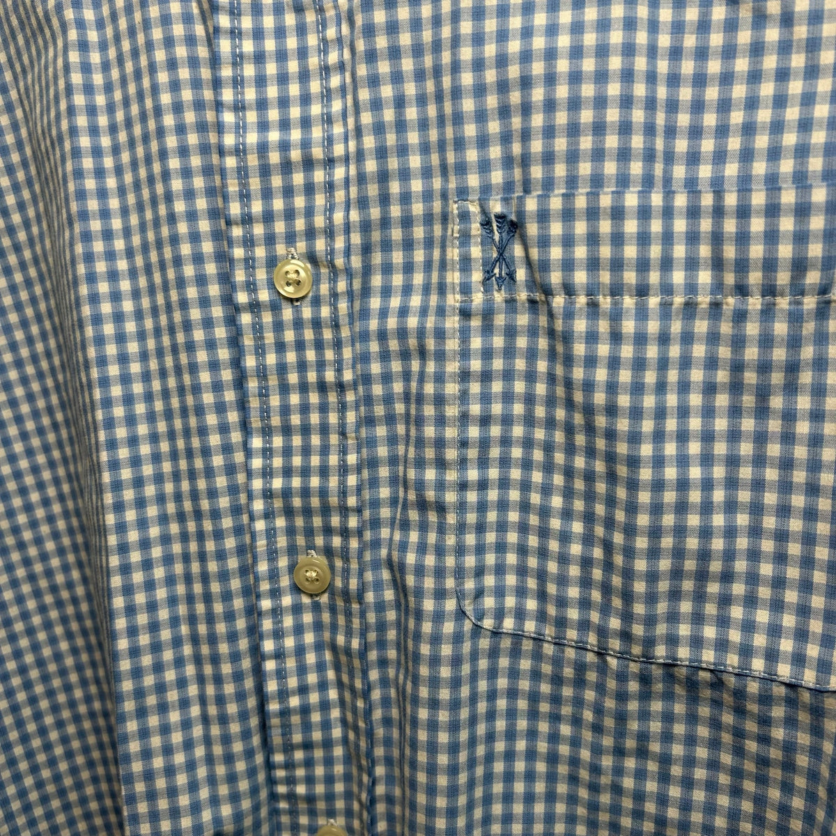VTG Y2K Arrow Light Blue Gingham Plaid Short Sleeve Button Down Shirt Basics