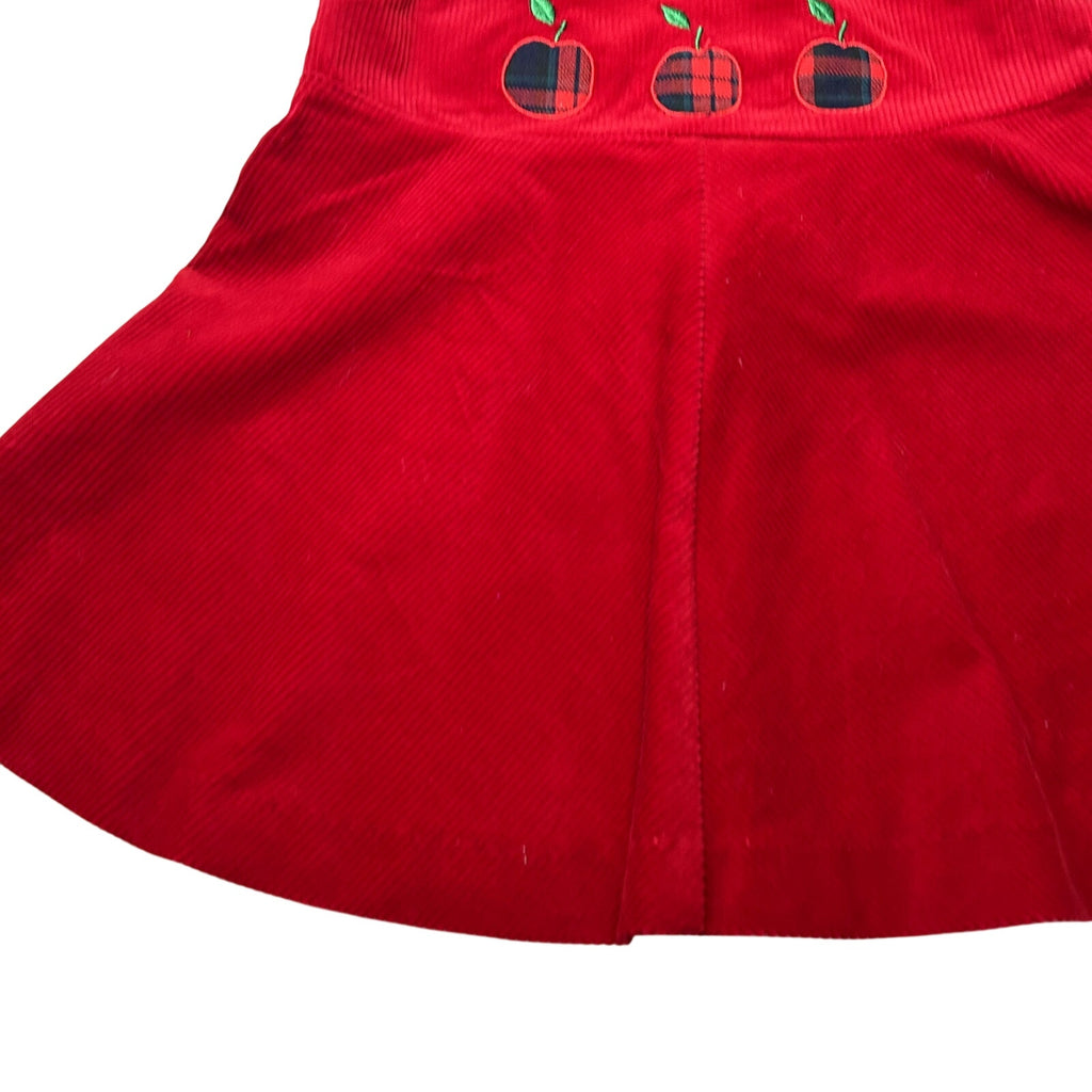 VTG 90s 24M Red Corduroy Embroidered Apple Buffalo Plaid A-Line Pinafore Dress